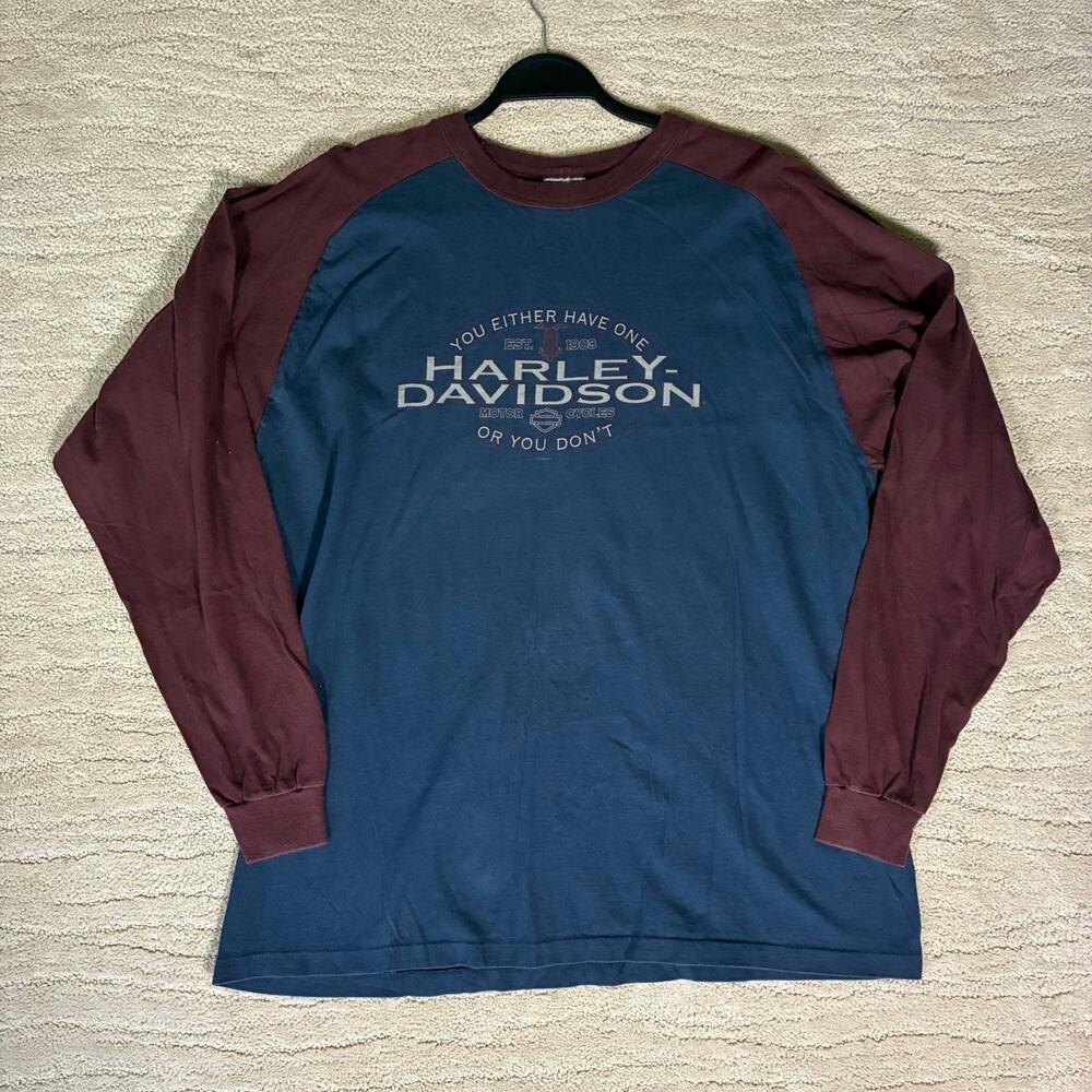 Vintage Mens L Harley Davidson Long Sleeve Navy & Maroon Columbia TN Shirt Biker